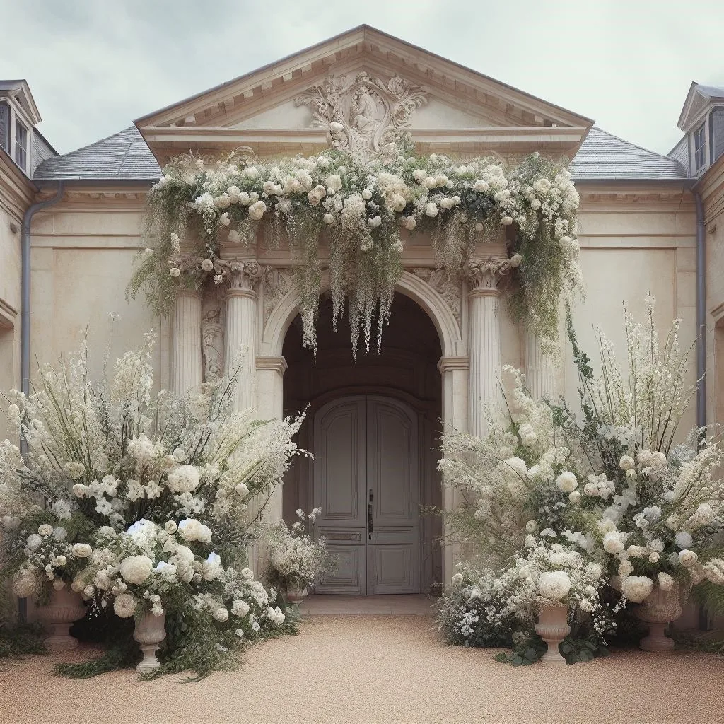 Façade de château encadrée par une décoration florale monumentale blanche et végétale — L’Atelier d’Olivier