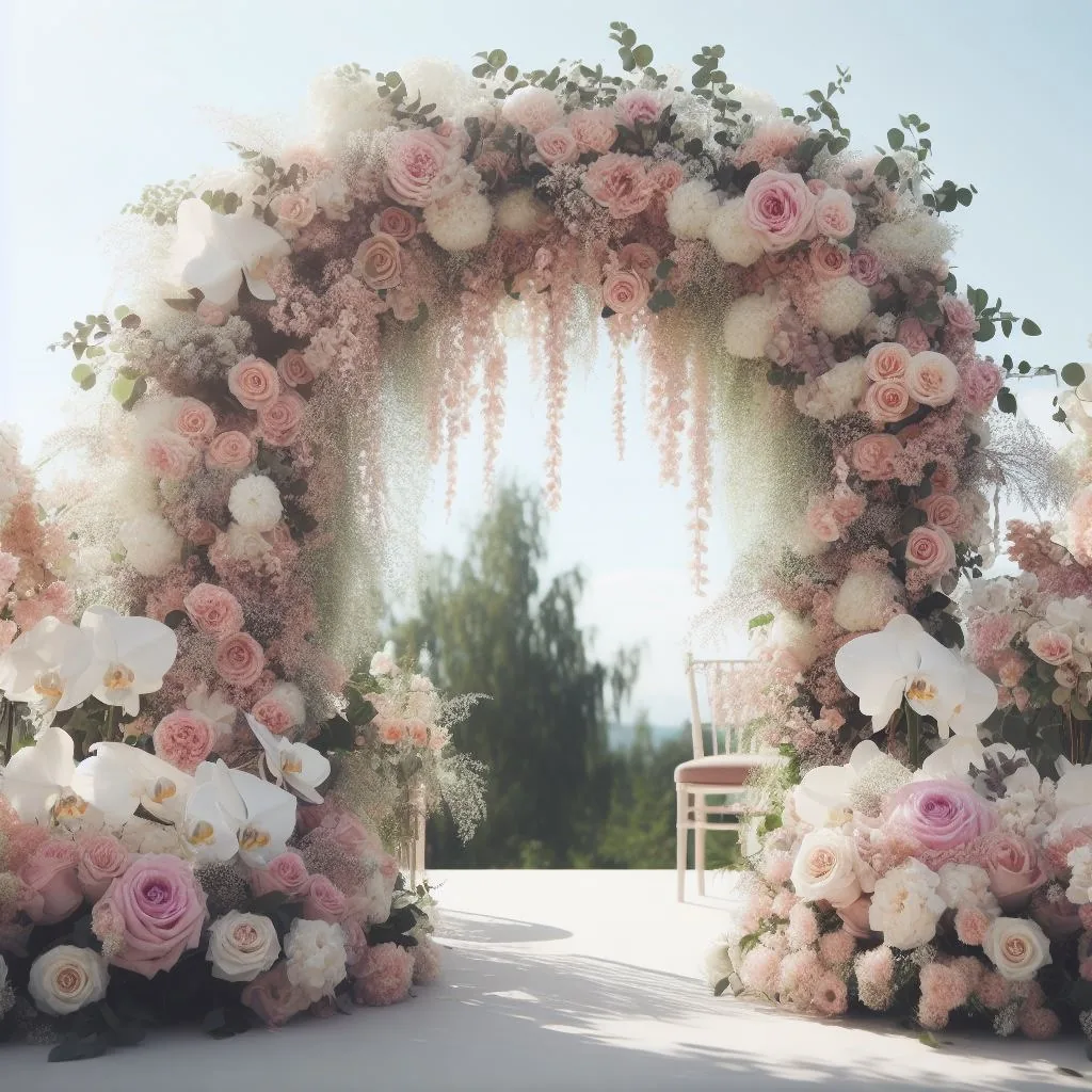 Arche de mariage luxuriante composée de roses pastel, d’orchidées blanches et de fleurs suspendues — L’Atelier d’Olivier