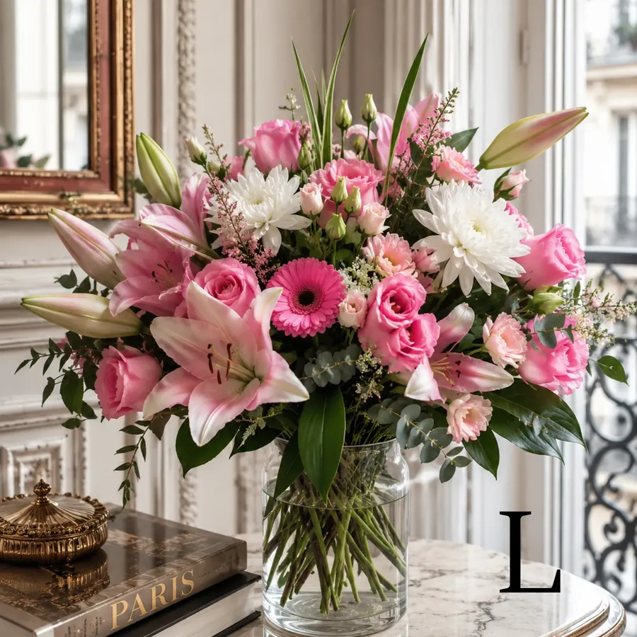 Buquê rosa e branco com lírios — vue 2