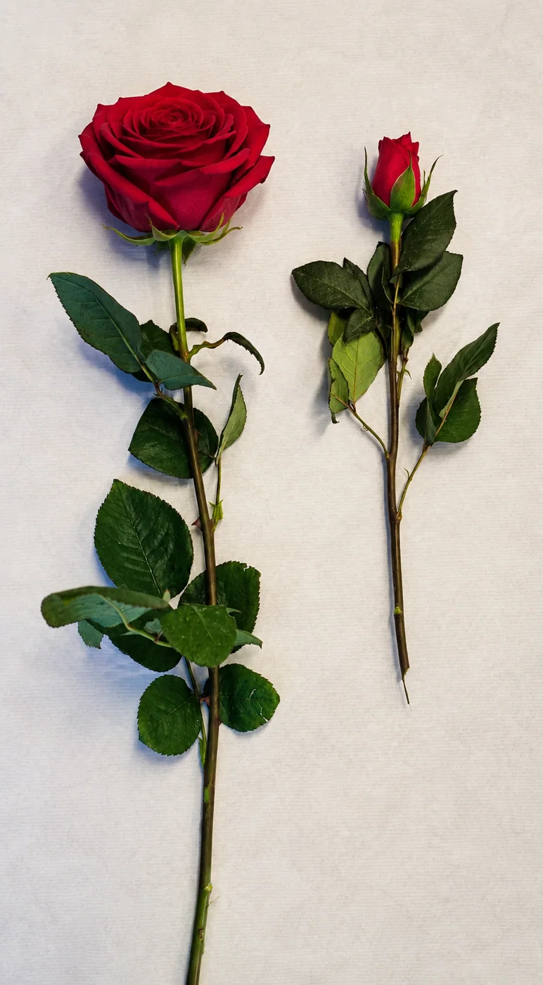 Deux roses rouges sur leur tige, montrant la différence de longueur et de calibre